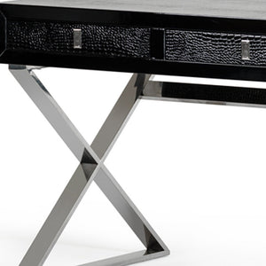 HMS 57 Black and Silver Coffee Table with Cross Legs Wood and Stainless Steel Featuring Three Drawers