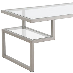 HMS 45 Convertible Silver Glass Steel Coffee Table Two Shelves Tempered Glass Top Farmhouse Style Side for Tea for Living Room