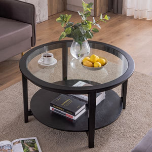 Solid Wood Storage Coffee Table with Round Glass Top Black Color