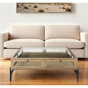 HMS 42\" Clear and Black Glass and Metal Square Coffee Table with Two Drawers and Shelf