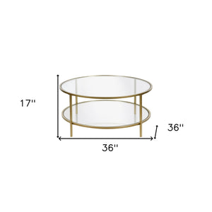 HMS 36\" Round Coffee Table with Gold Glass Top Steel Frame Tempered Sintered Stone Shelf for Living Room Entry Luxury Furniture