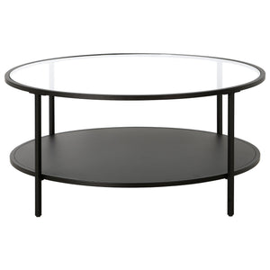 HMS 36\" Farmhouse Style Round Coffee Table with Black Steel Frame Tempered Glass Top Featuring Shelf for Living Room Furniture