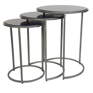 Set of Three Black and Gray Marble Nested Tables with Iron Round Frames for Living Room