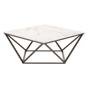 HMS 36\" White and Antiqued Brass Faux Marble and Steel Square Abstract Coffee Table