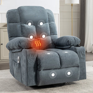 Oversized 2-Cup Holders USB Charge Port Modern Soft Features Manual Massage Heat Grey Blue Rocking Chair for Adults for Massage