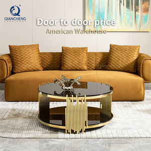 Hotel Luxury Round Shape Glass Top Coffee Table Round for Living Room Black and Gold Home Furniture Stainless Steel Tea Table