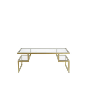 HMS 45\" Gold Glass and Steel Coffee Table for Living Room Rectangular Tempered Glass Top with Two Shelves
