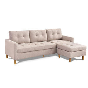 HMS 87 Beige Polyester Blend Chesterfield L-Shape Sofa Set for Home Living Rooms with Ottoman & Natural Legs