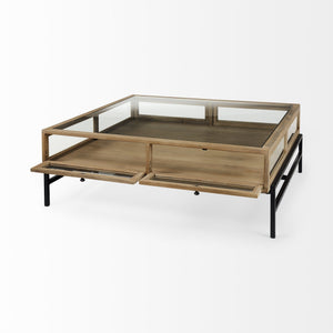 HMS 42\" Clear and Black Glass and Metal Square Coffee Table with Two Drawers and Shelf