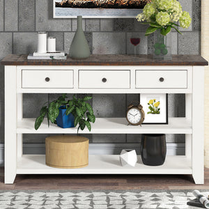 48'' Solid Pine Wood Top Console Table, Modern Entryway Sofa Side Table with 3 Storage Drawers and 2 Shelves