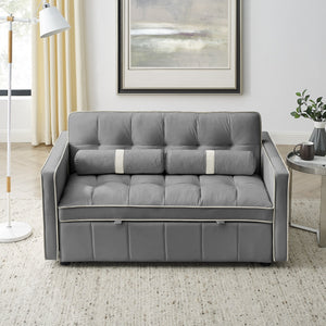 Modern Luxury 55.5 Inch Pull-Out Sleep Sofa Bed 2-Seater Loveseat Couch with Side Pockets Velvet Material Extendable Feature