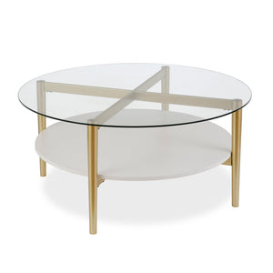 HMS 36\" Clear and Gold Glass and Steel Round Coffee Table with Shelf
