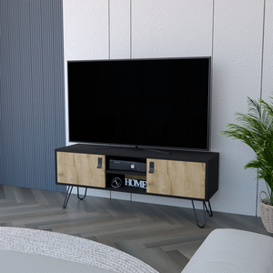 HMS 48\" Beige and Black TV Stand with Open and Enclosed Storage Cabinets