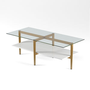 HMS 47\" Gold Tempered Glass and Steel Coffee Table with Shelf Living Room Furniture for Entry Sintered Stone Material