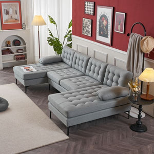 Light Gray U-Shape Indoor Sectional Sofa Soft-Covered Armrest Backrest Pull Point Wooden Frame Iron Frame Black Feet Living Room