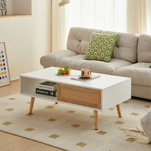 41.34" Rattan Coffee Table Sliding Door for Storage Solid Wood Legs Modern Table for Living Room Natural