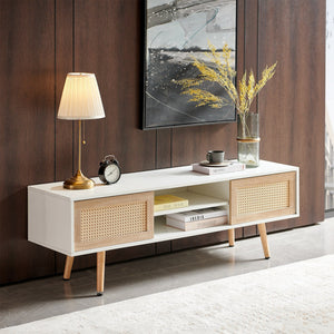 41.34" Rattan Coffee Table Sliding Door for Storage Solid Wood Legs Modern Table for Living Room Natural