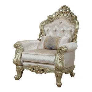 HMS 40\" Cream and Antiqued White Fabric Damask Tufted Arm Chair with Toss Pillow Elegant Living Room Furniture