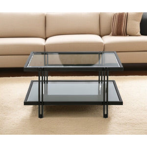 HMS 32\" Clear and Black Glass and Steel Square Coffee Table with Shelf
