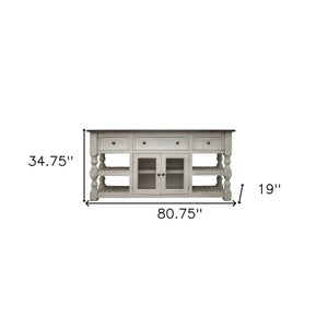 HMS 81 Ivory Solid Wood Open Shelving Distressed TV Stand Handcrafted with Distinctive Distress Finish
