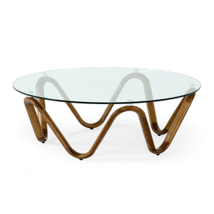 HMS 45 Clear and Brown Glass Round Abstract Solid Wood Coffee Table