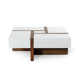 HMS 39\" Brown and White Wood Square Solid Coffee Table with Four Drawers