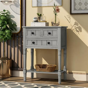 Gray Wash Narrow Console Table with Three Storage Drawers and Bottom Shelf Easy Assembly Slim Sofa Table for Living Room