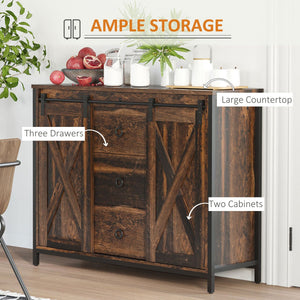 Rustic Brown Kitchen Sideboard Cabinet with Barn Doors 3-Drawers Adjustable Shelves Living Room Buffet Storage Rustic Brown