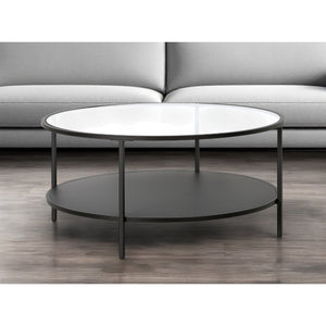 HMS 36\" Farmhouse Style Round Coffee Table with Black Steel Frame Tempered Glass Top Featuring Shelf for Living Room Furniture