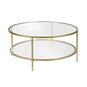 HMS 36\" Round Coffee Table with Gold Glass Top Steel Frame Tempered Sintered Stone Shelf for Living Room Entry Luxury Furniture