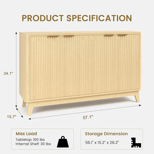 Natural Oak Fluted Sideboard Buffet Cabinet 4-Door Credenza Storage Cabinet Entryway Console Table Accent Coffee Bar