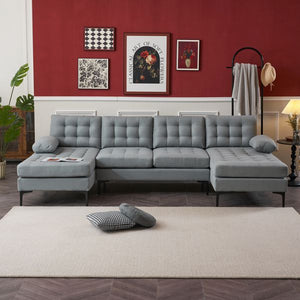 Light Gray U-Shape Indoor Sectional Sofa Soft-Covered Armrest Backrest Pull Point Wooden Frame Iron Frame Black Feet Living Room