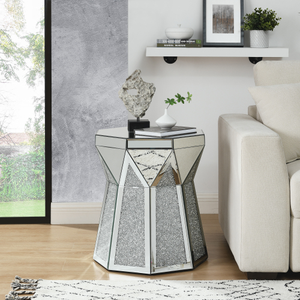 Modern Luxury 20 Inch Silver Drum Style Coffee Table with Mirror Crystal Inlay Polygonal Design for Living Room FCJ Furniture