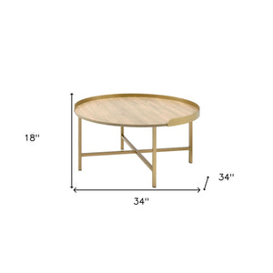 HMS 34\" Convertible Oak and Gold Wood and Metal Round Sled Coffee Table Farmhouse Style Tea Table for Living Room Use