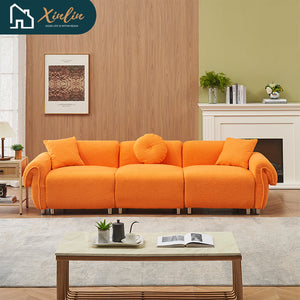 Free Shipping Modern 112-Inch Orange Teddy Velvet Fabric with 3 Wooden Pillows for Three-Seat Sofa in Living Room