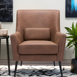 HMS 29 Brown and Black Faux Leather Arm Chair with Upholstered Toss Pillow Stylish Living Room Furniture