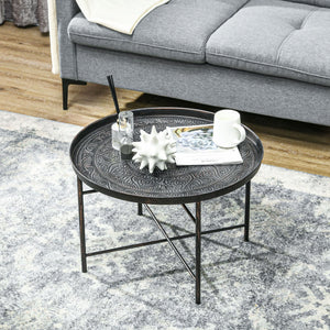 24\" Round Hammered Tray Top Coffee Table with Metal Frame Cafe Table for Living Room and Bedroom in Pewter