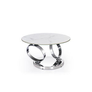 HMS 32\" White and Silver Ceramic Tile and Metal Round Abstract Coffee Table