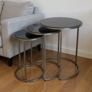 Set of Three Black and Gray Marble Nested Tables with Iron Round Frames for Living Room