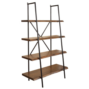 HMS 79 Four Tier Step Bookcase in Black and Brown Solid Wood and Metal Bookcase