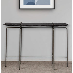 HMS Contemporary Six Leg Console Table 17\" Black and Silver Slate Wood MDF Glass for Living Room or Hotel Bedroom Furniture