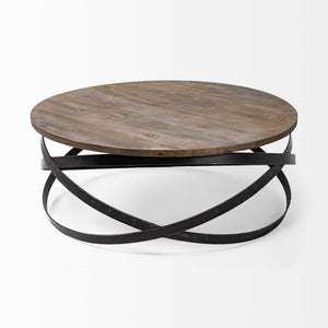 Solid Wood and Metal Round Coffee Table HMS 41 in Brown and Black-Durable and Stylish
