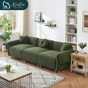 Free Shipping Modern 112-Inch Orange Teddy Velvet Fabric with 3 Wooden Pillows for Three-Seat Sofa in Living Room
