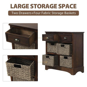 Espresso Rustic Dining/Living Room Storage Cabinet with Two Drawers and Four Classic Rattan Baskets