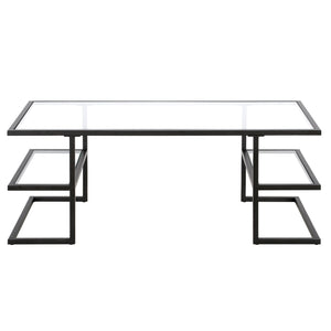 HMS 47\" Black Glass and Steel Coffee Table with Two Shelves Elegant Living Room Furniture for Home Use