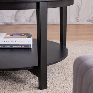 Solid Wood Storage Coffee Table with Round Glass Top Black Color