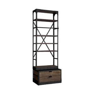 HMS Traditional Contemporary Five Tier Bookshelf Solid Wood Black Iron with Two Drawers for Home Office Workshop Hotel Use
