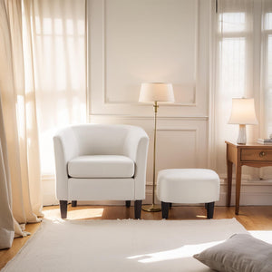 Modern White Velvet Accent Chair with Ottoman Sleek Barrel Armchair for Living Room or Bedroom