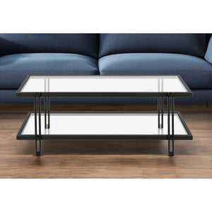 HMS 45 Modern Simple Black Glass and Steel Coffee Table with Shelf Tempered Glass Farmhouse Style for Living Room