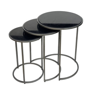 Set of Three Black and Gray Marble Nested Tables with Iron Round Frames for Living Room